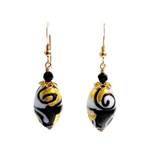 Murano Black White Swirl Oval Abstract Gold Earrings