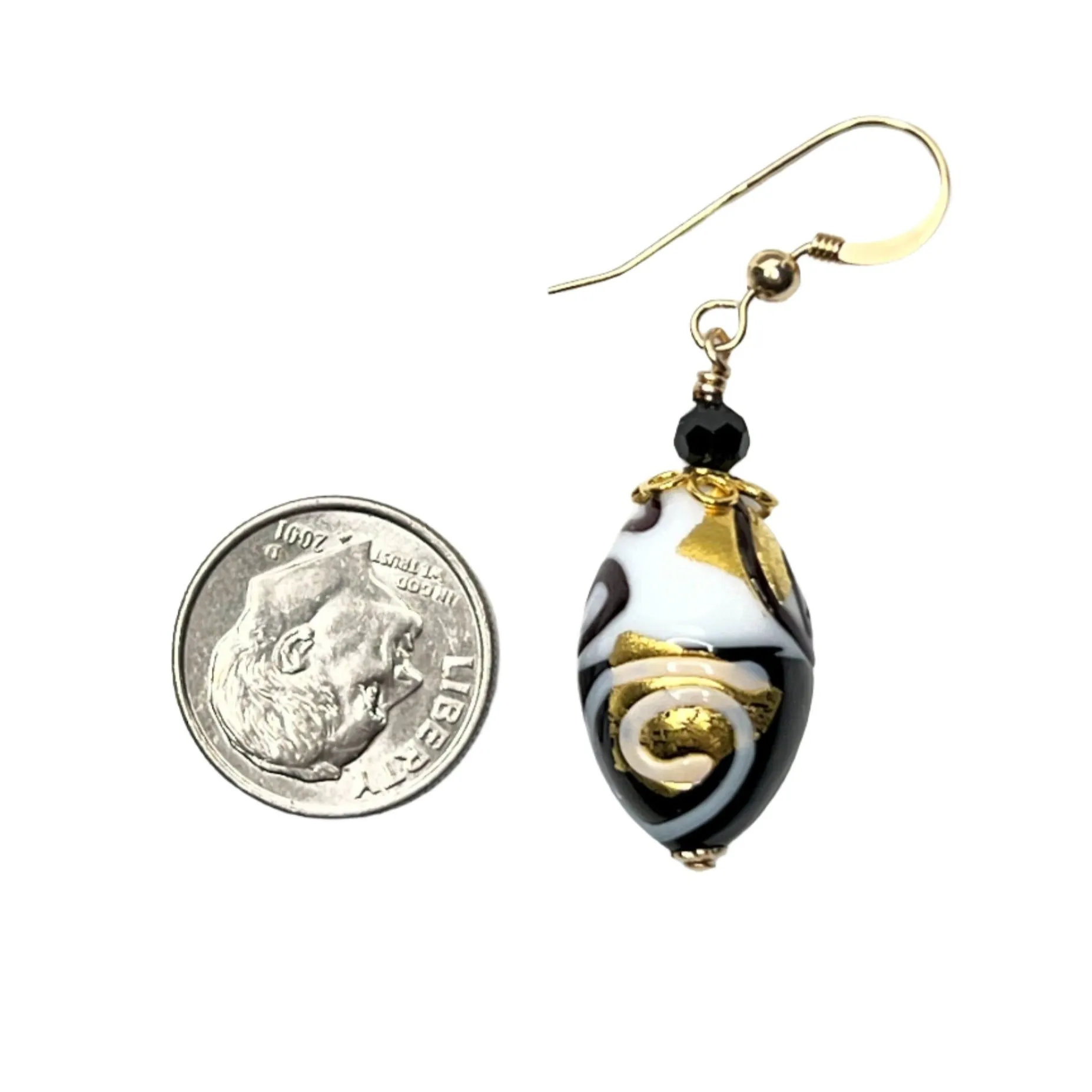 Murano Black White Swirl Oval Abstract Gold Earrings