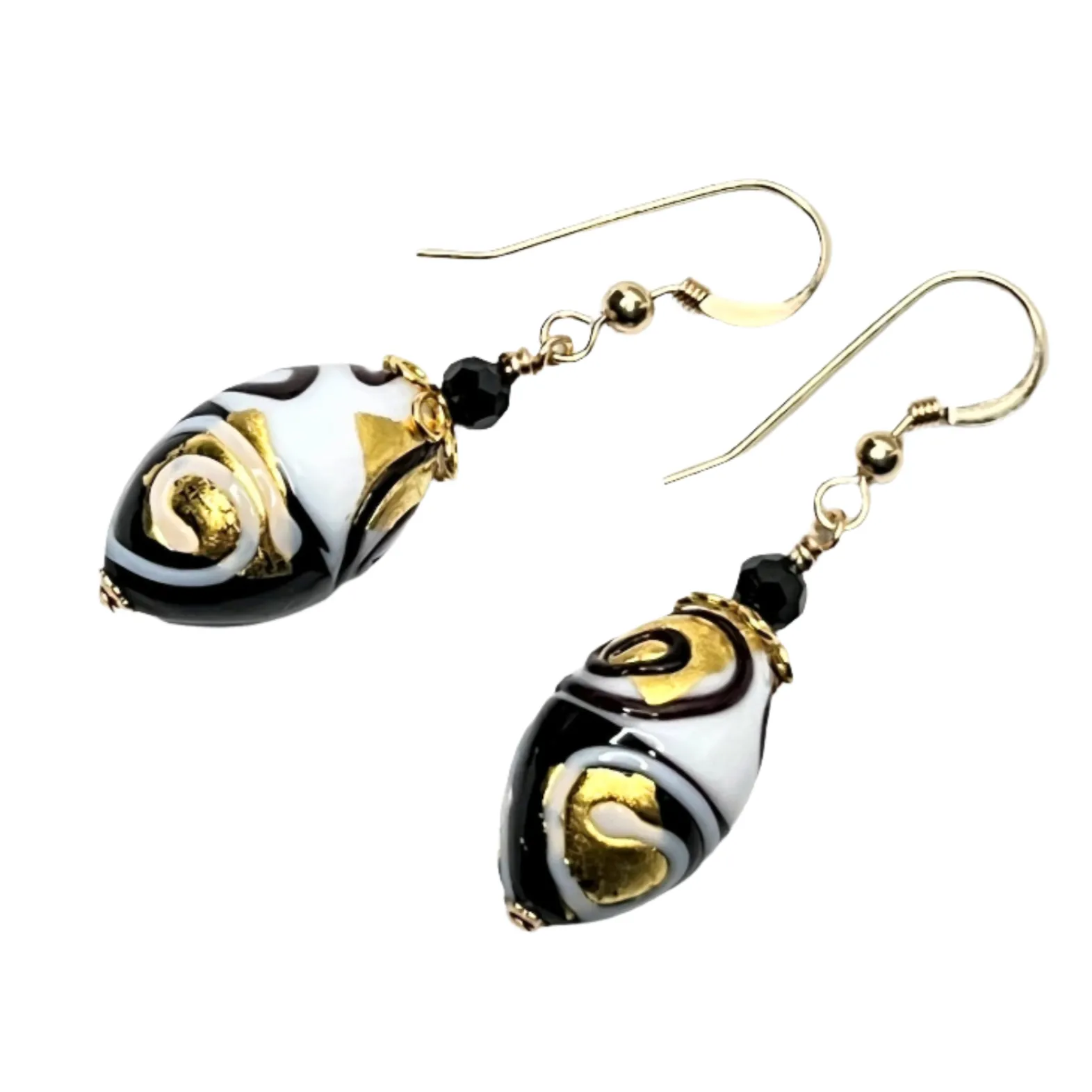 Murano Black White Swirl Oval Abstract Gold Earrings