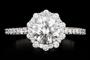 New 18K White Gold 1.03 Carat Round Brilliant Diamond Halo Engagement Ring GIA Certified