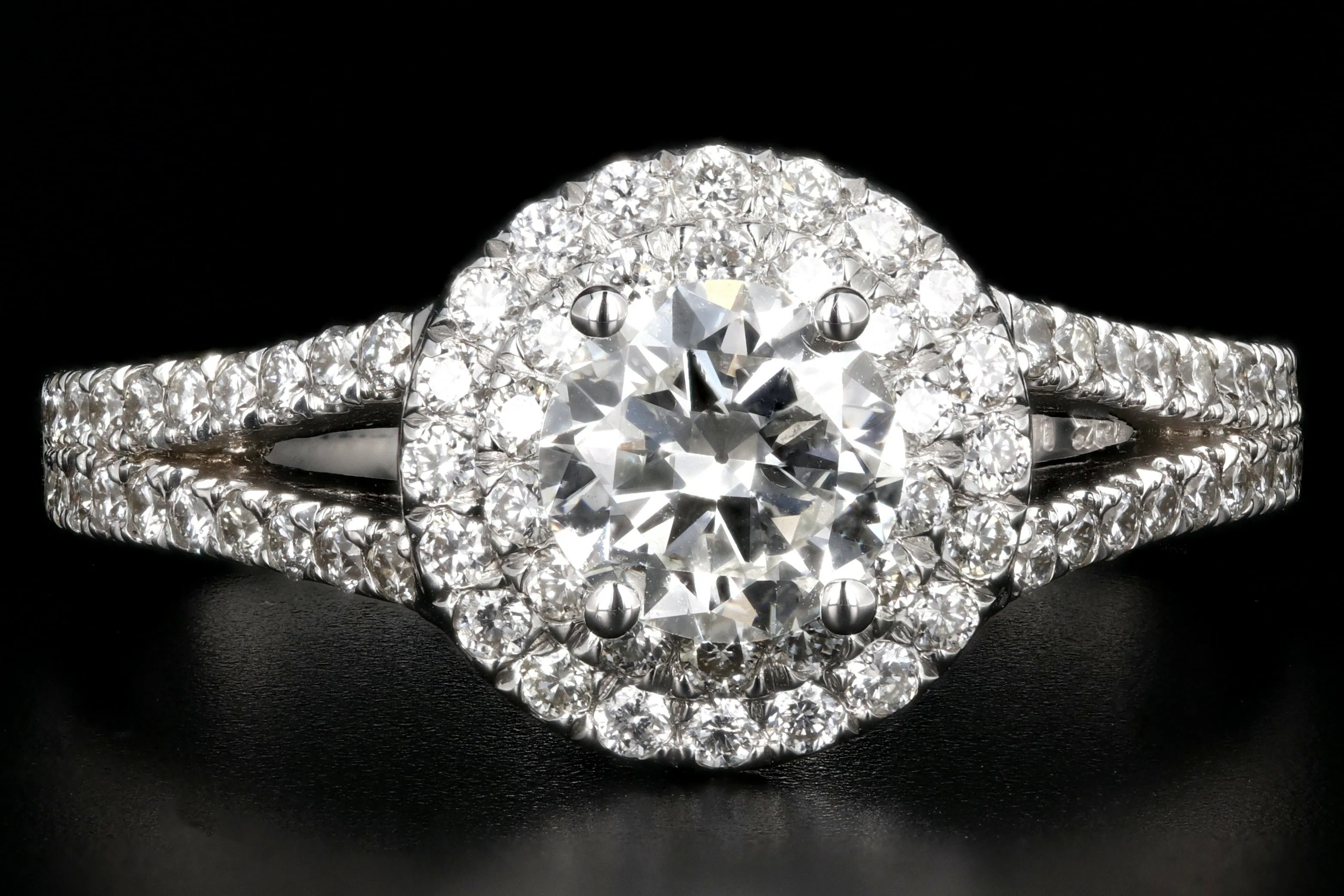 New 18K White Gold .55 Carat Round Brilliant Cut Double Halo Split Shank Engagement Ring
