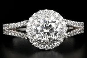 New 18K White Gold .55 Carat Round Brilliant Cut Double Halo Split Shank Engagement Ring