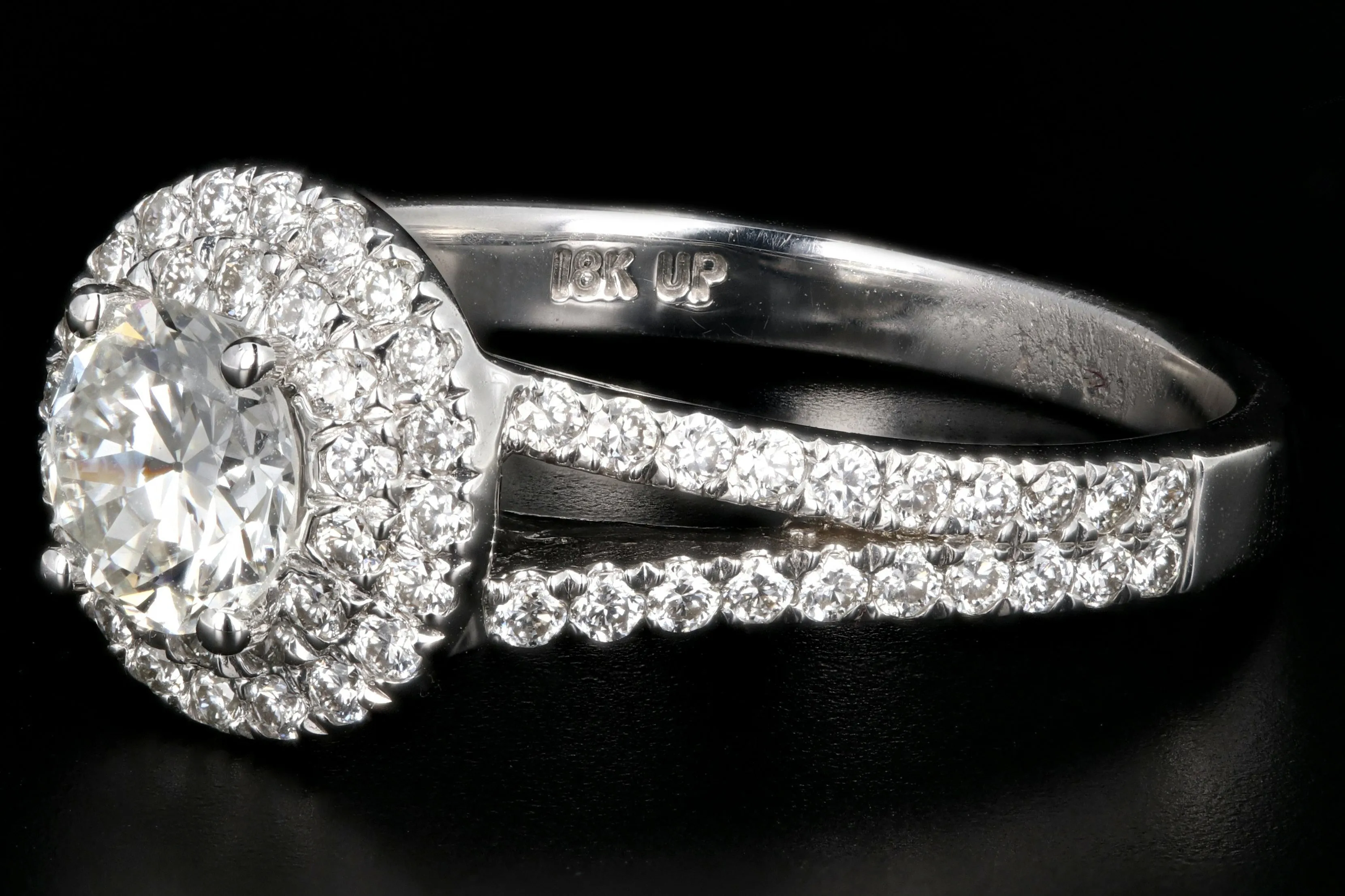 New 18K White Gold .55 Carat Round Brilliant Cut Double Halo Split Shank Engagement Ring