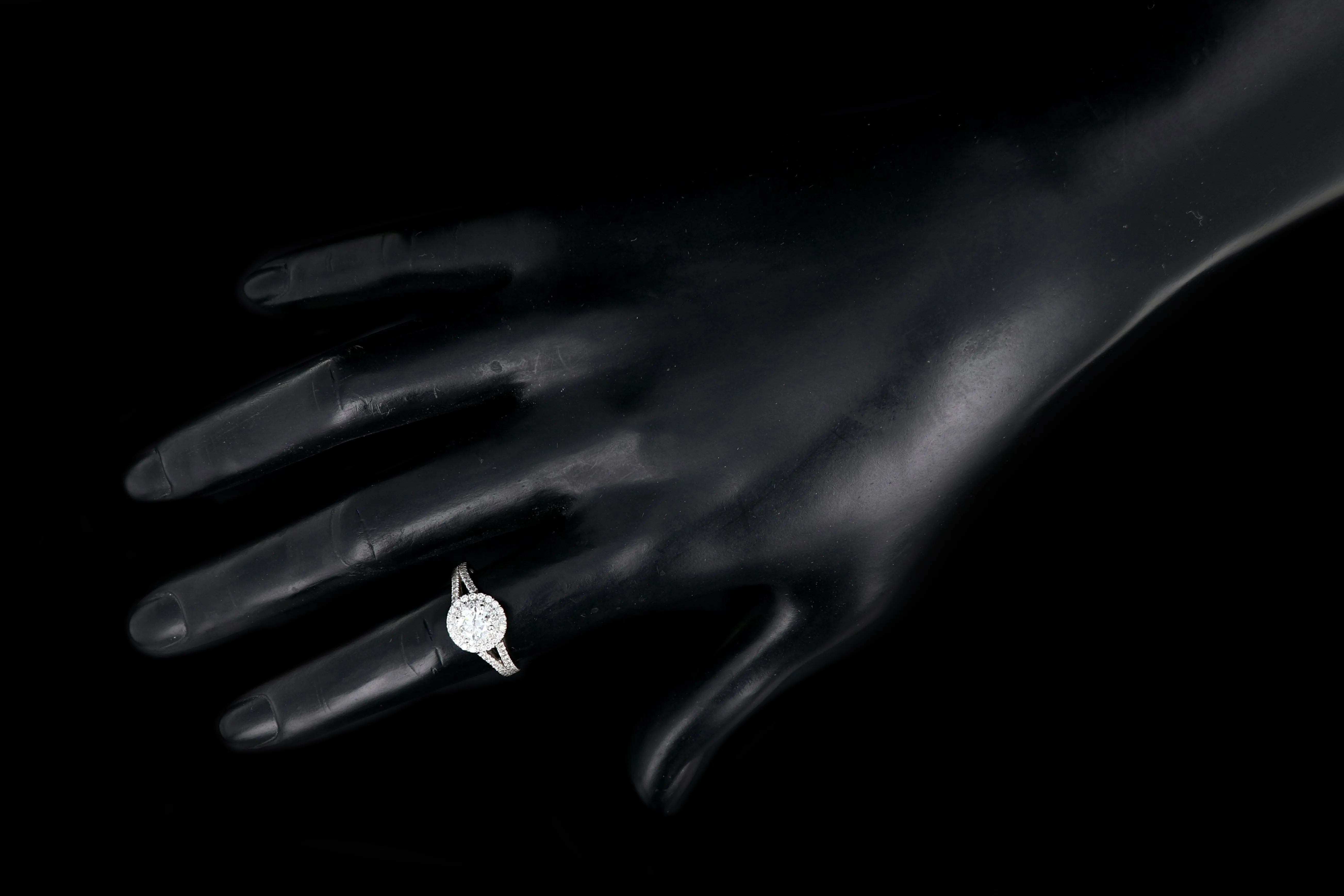 New 18K White Gold .55 Carat Round Brilliant Cut Double Halo Split Shank Engagement Ring