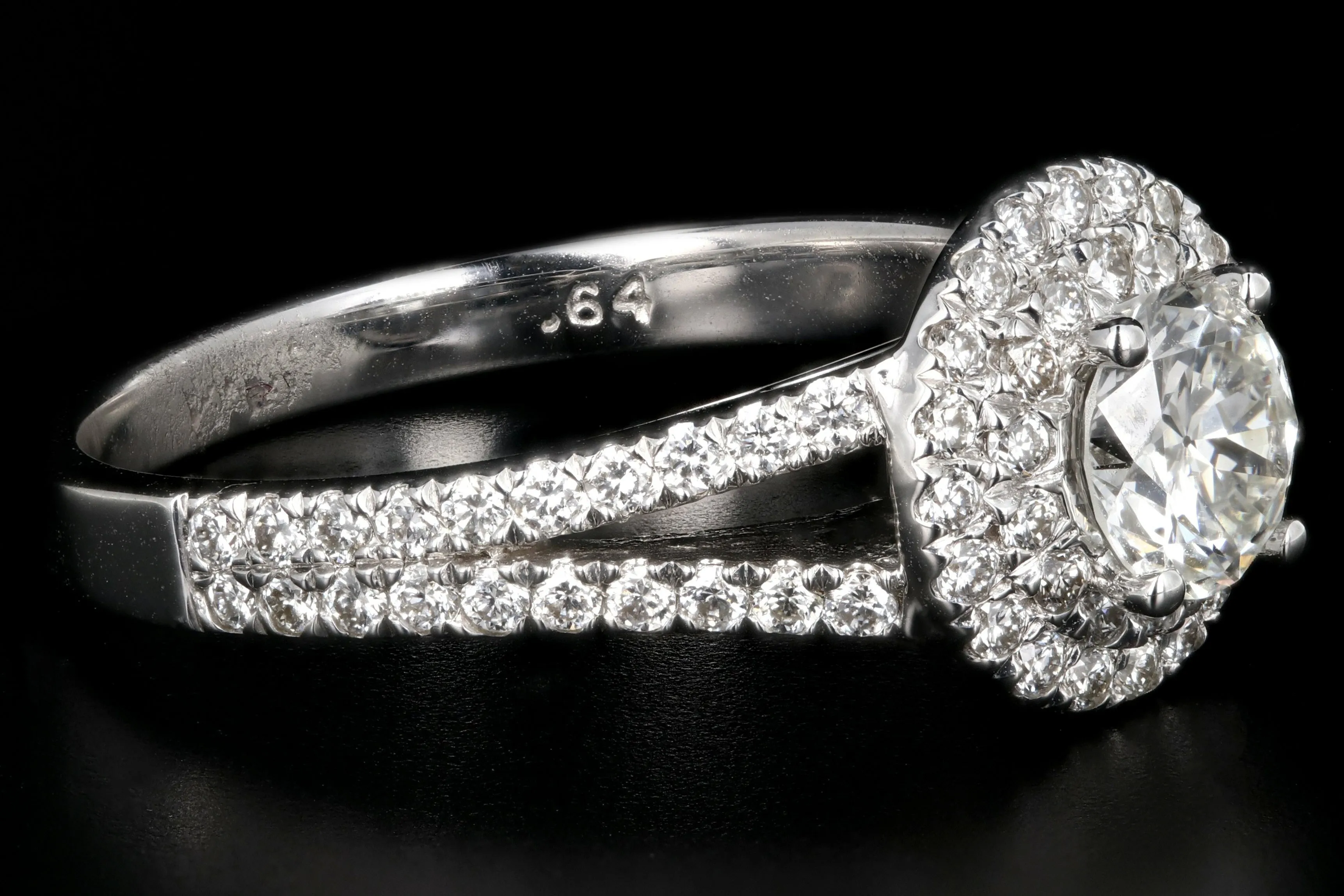 New 18K White Gold .55 Carat Round Brilliant Cut Double Halo Split Shank Engagement Ring
