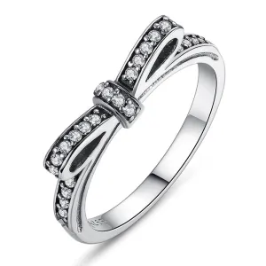 New Authentic 925 Sterling Silver Sparkling Bow Knot Stackable Ring Micro Pave CZ for Women Wedding Jewelry