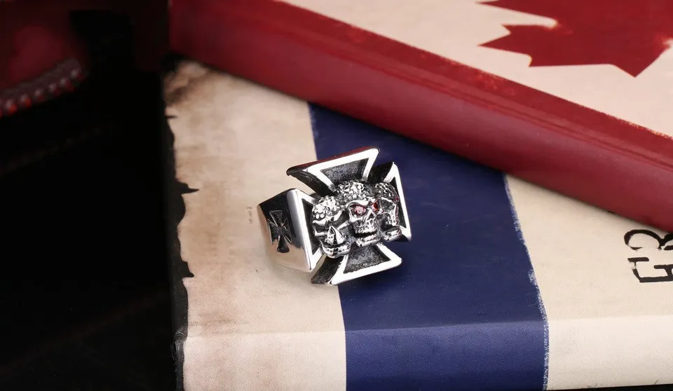 New Three Skull Iron Cross Ring For Men Red Stone Stainless Steel Men's Punk Rock Jewelry