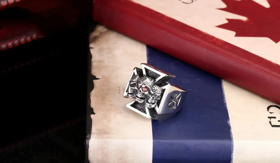 New Three Skull Iron Cross Ring For Men Red Stone Stainless Steel Men's Punk Rock Jewelry