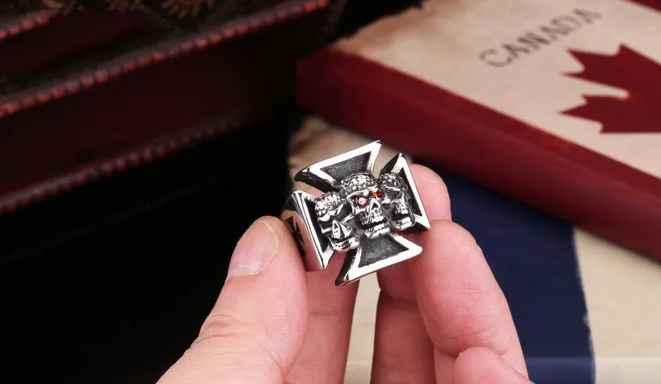 New Three Skull Iron Cross Ring For Men Red Stone Stainless Steel Men's Punk Rock Jewelry