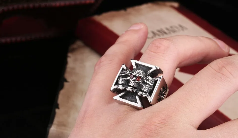 New Three Skull Iron Cross Ring For Men Red Stone Stainless Steel Men's Punk Rock Jewelry