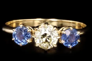 New Vintage Inspired 18K Yellow Gold Light Yellow Old European Cut Diamond & Sapphire Ring
