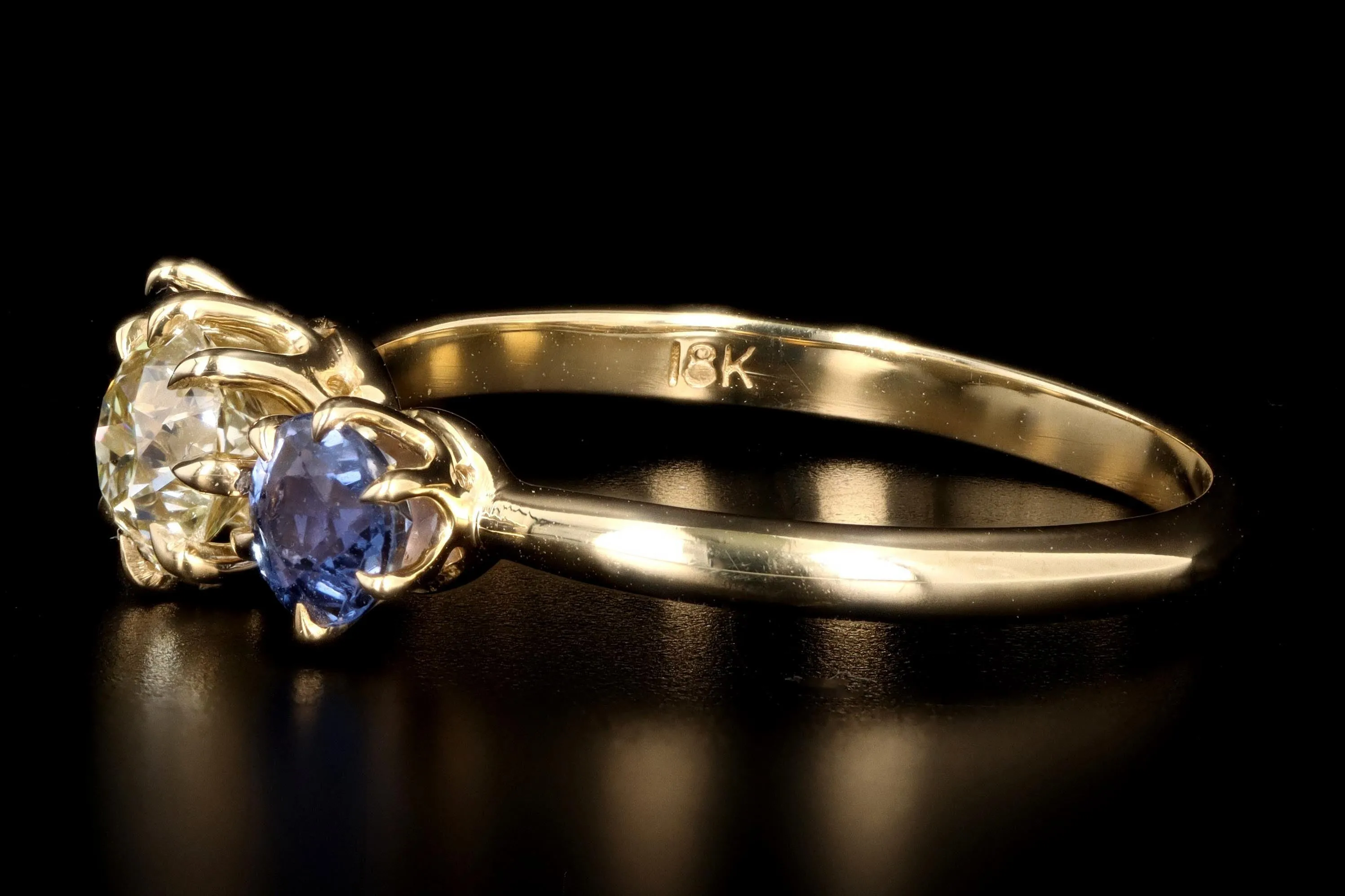 New Vintage Inspired 18K Yellow Gold Light Yellow Old European Cut Diamond & Sapphire Ring