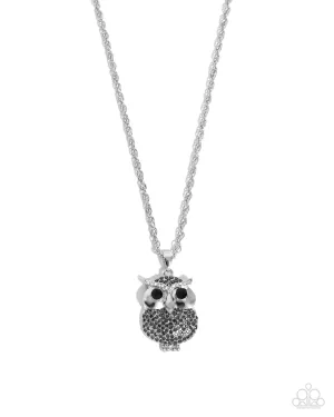 Opulent Owl - Silver - Hematite and White Rhinestone Paparazzi Short Necklace