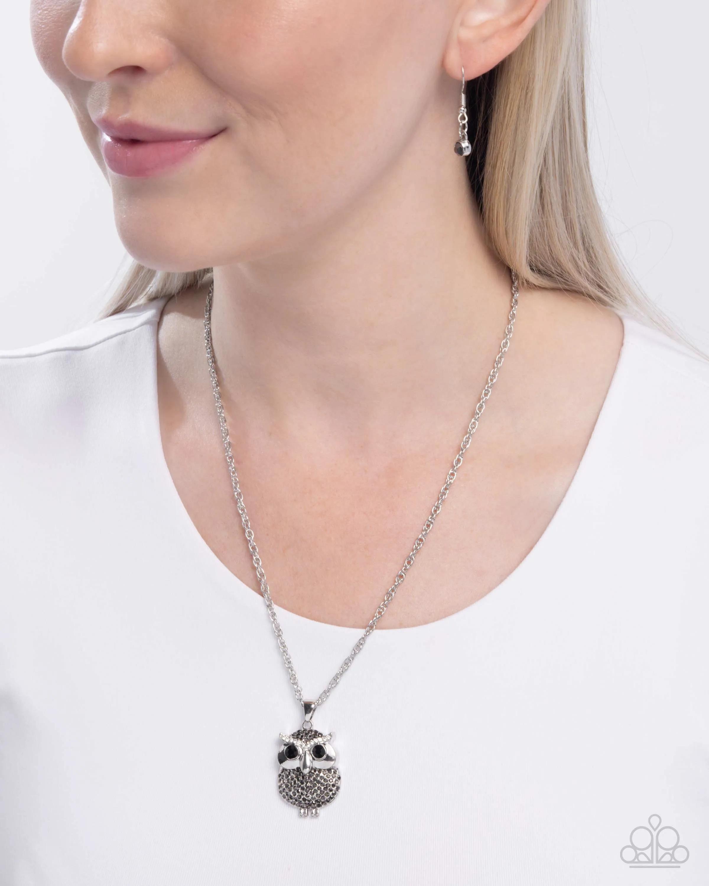 Opulent Owl - Silver - Hematite and White Rhinestone Paparazzi Short Necklace