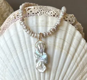 OPULENT SILVER AND GOLD 16" VINTAGE KESHI PEARL NECKLACE