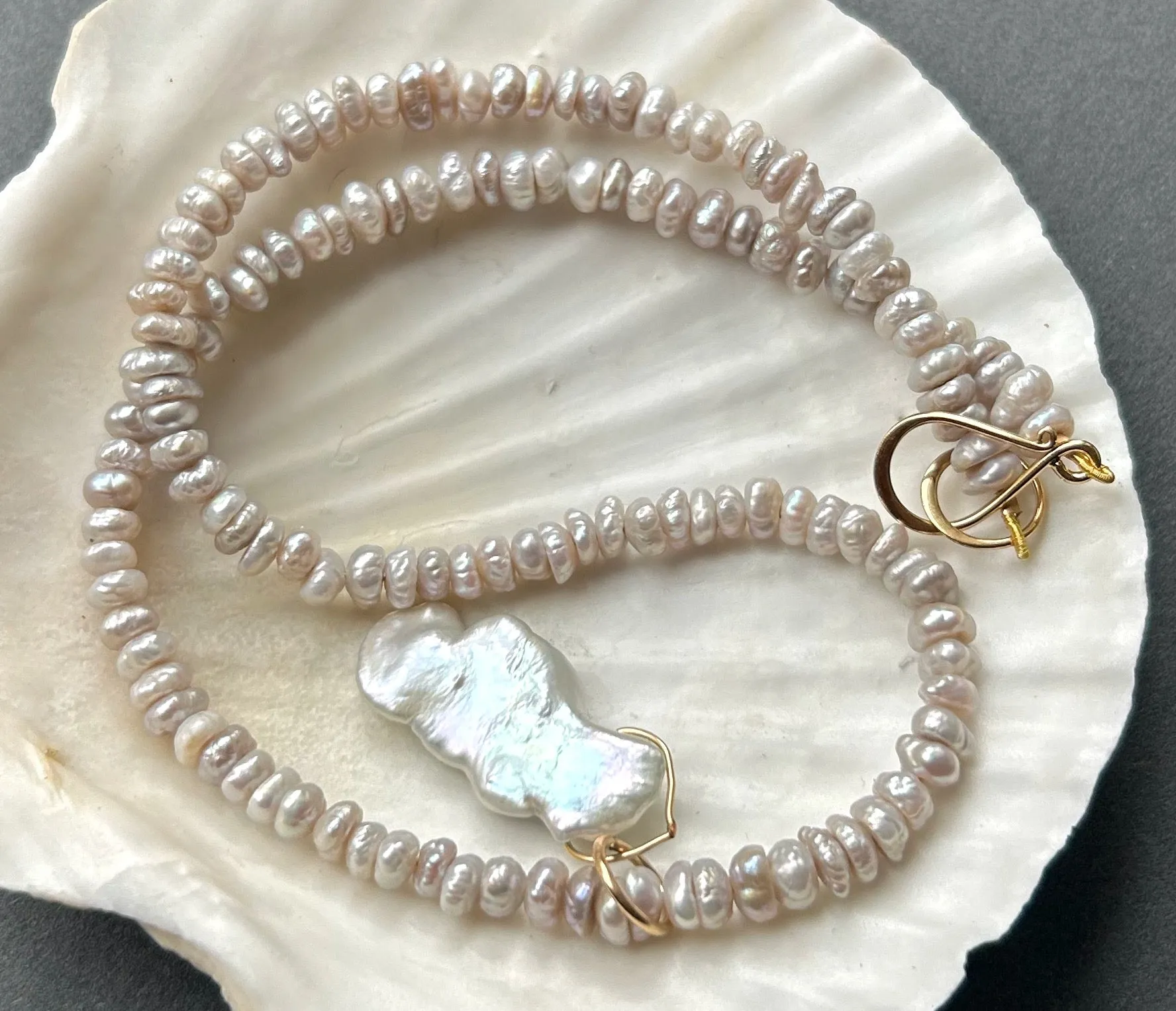 OPULENT SILVER AND GOLD 16" VINTAGE KESHI PEARL NECKLACE
