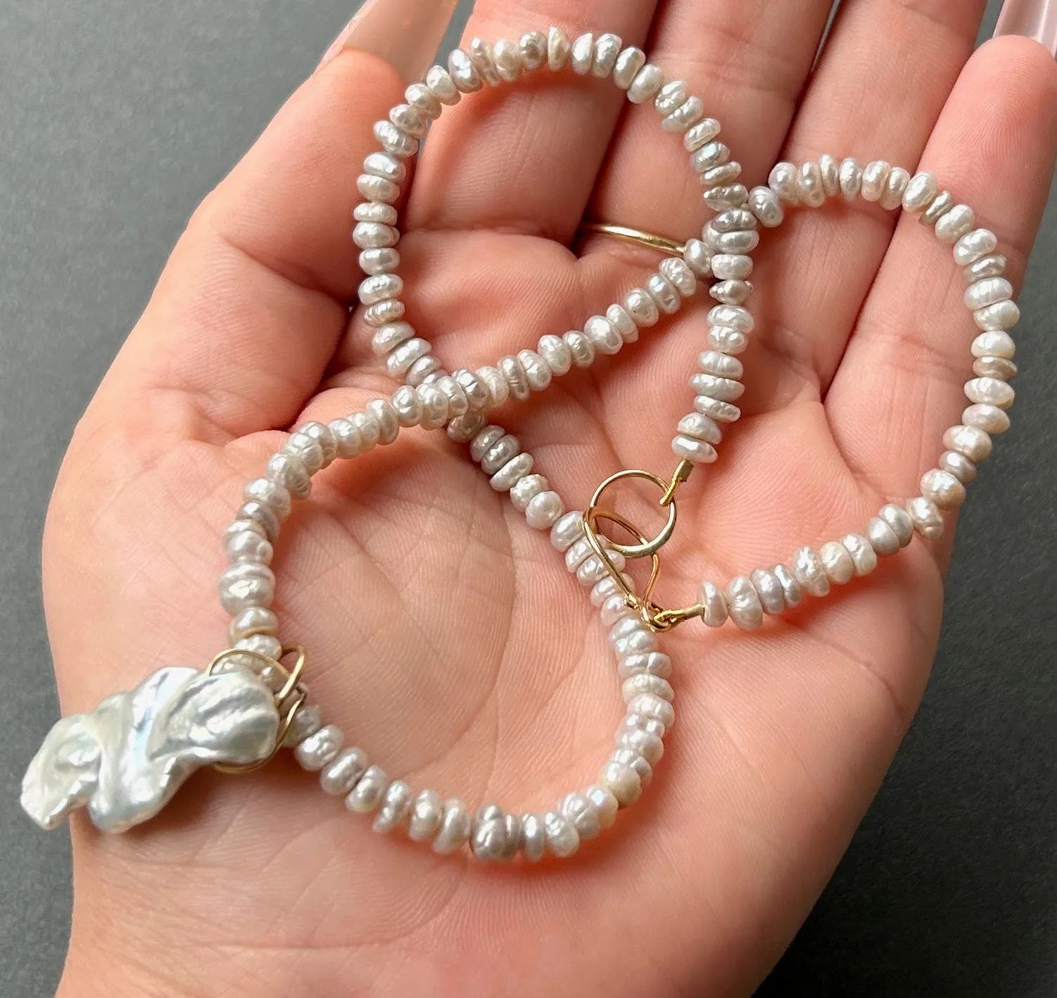 OPULENT SILVER AND GOLD 16" VINTAGE KESHI PEARL NECKLACE