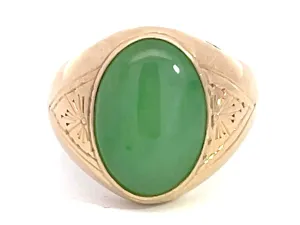 Oval Cabochon Green Jade Ring with Triangle Design Shoulders in 14K Yellow Gold