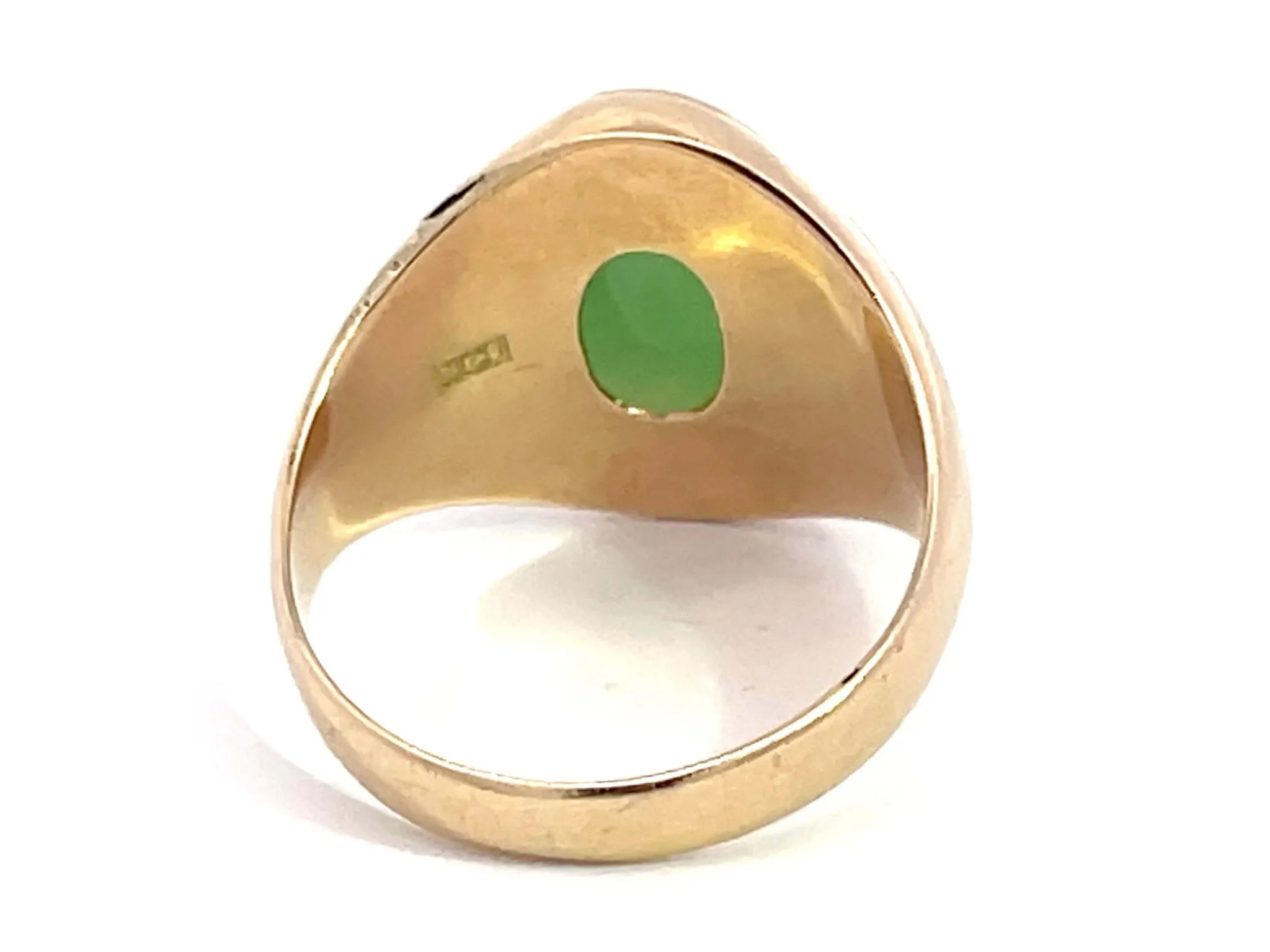 Oval Cabochon Green Jade Ring with Triangle Design Shoulders in 14K Yellow Gold