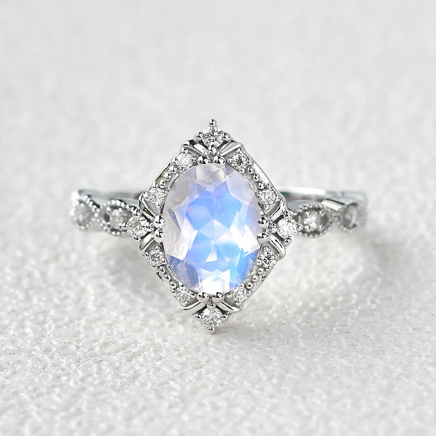 Oval Moonstone & Moissanite Art Deco Ring