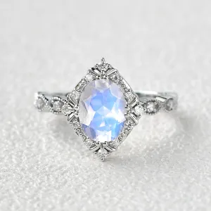 Oval Moonstone & Moissanite Art Deco Ring