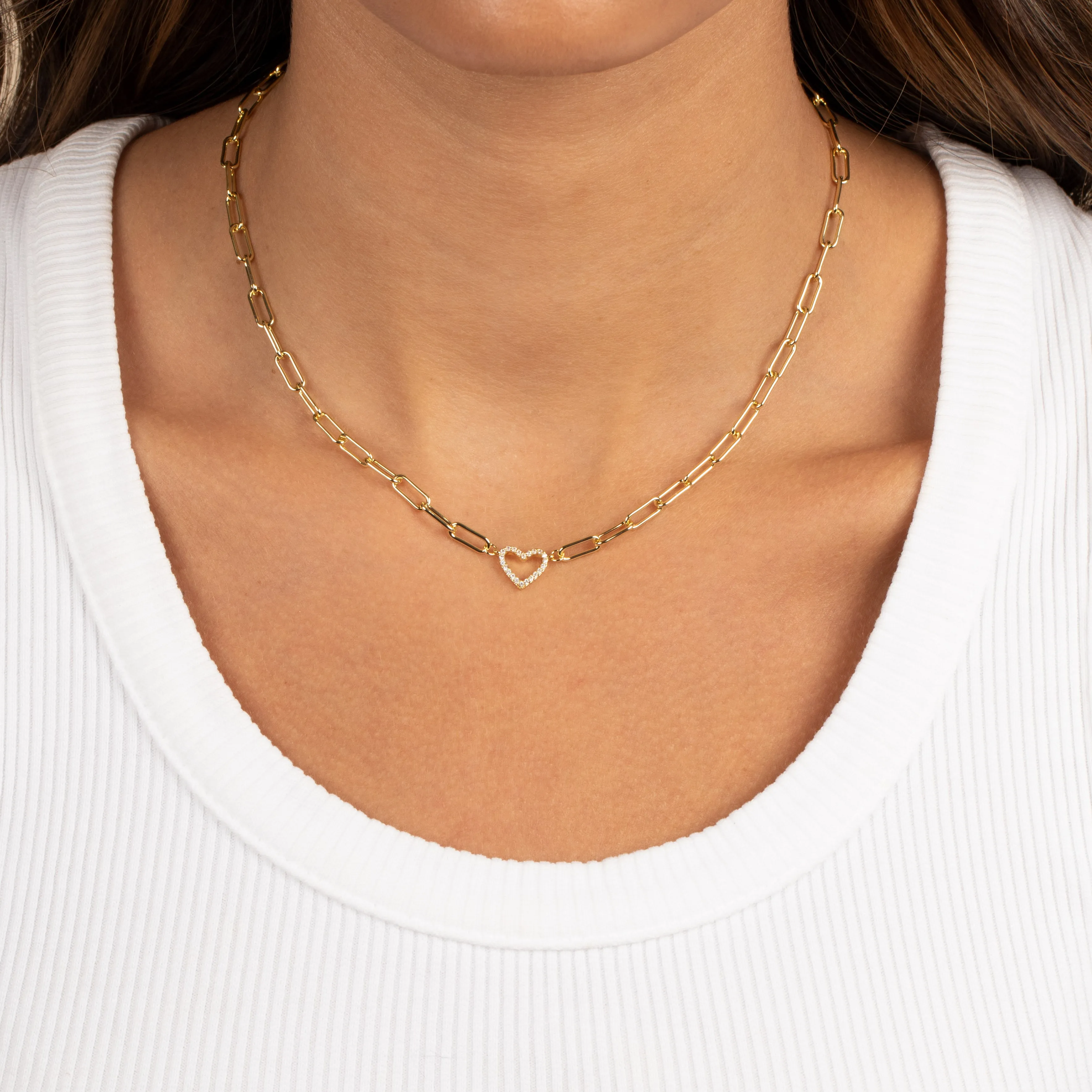 Pave Open Heart Paperclip Necklace