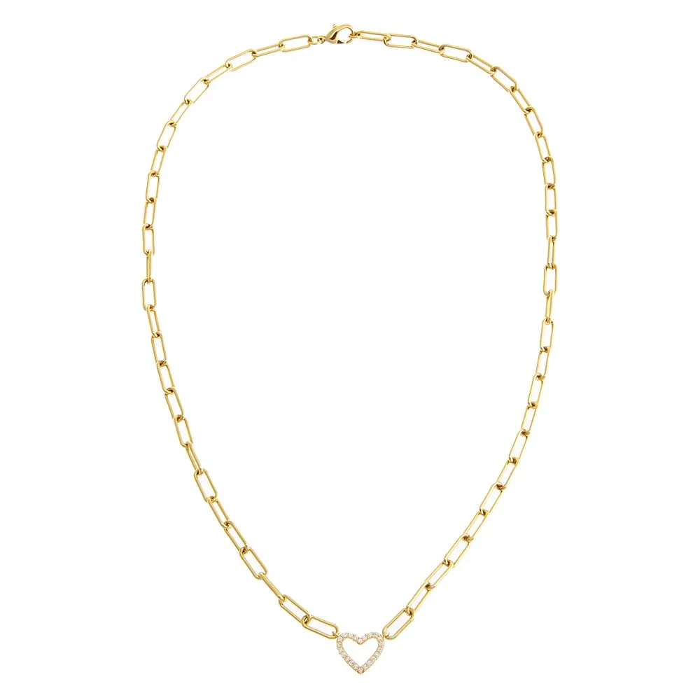 Pave Open Heart Paperclip Necklace