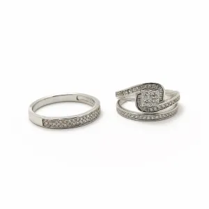 Pave Square Prong Three Piece Set Engagement Rings (Silver)