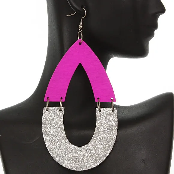 Pink Wooden Glitter Link Teardrop Earrings
