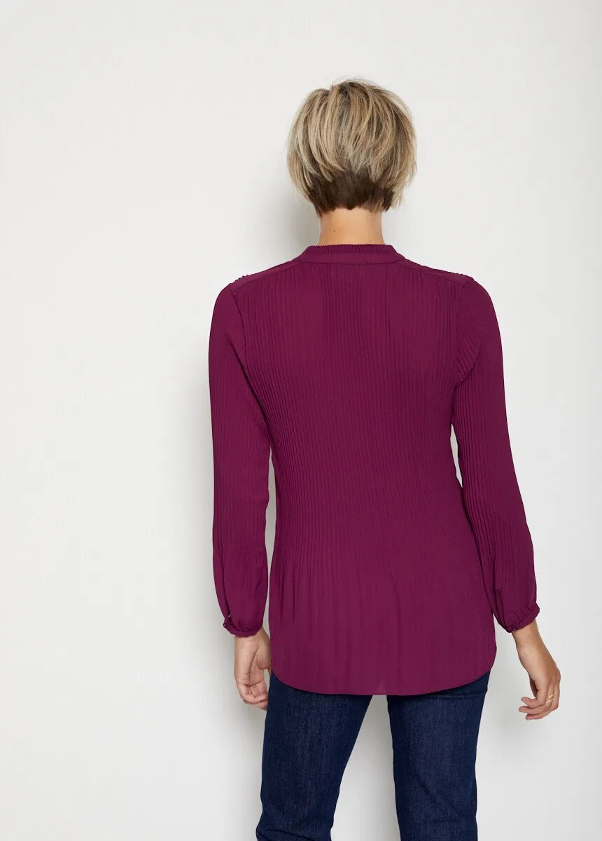Pleated blouse with frilly collar