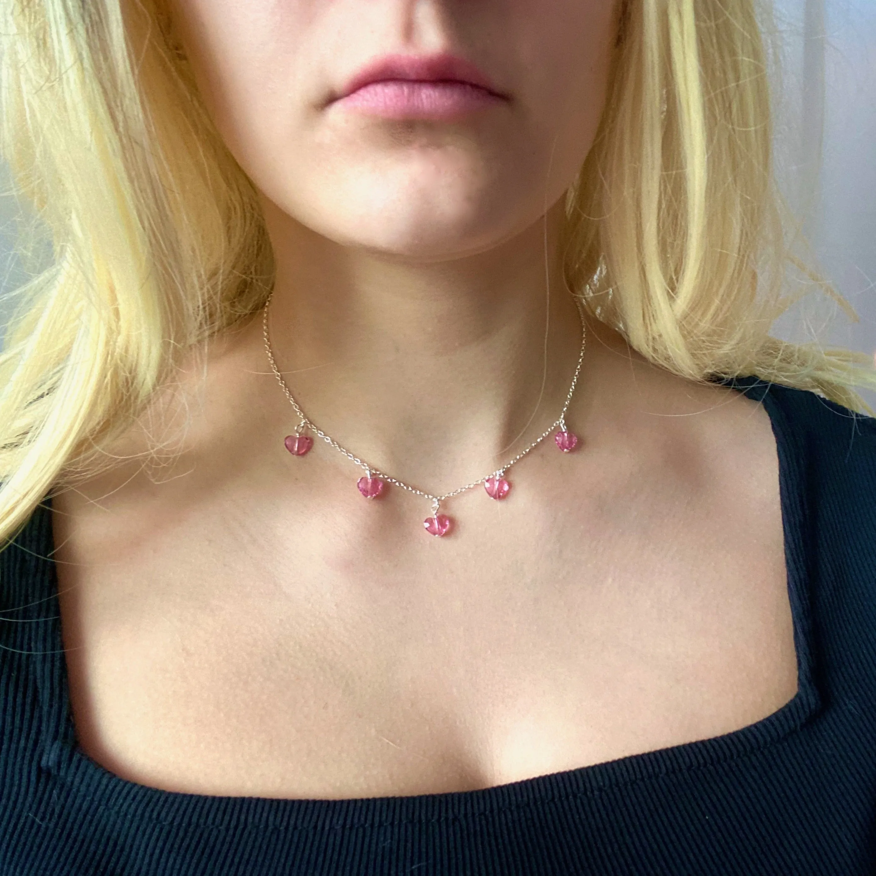 Pretty Pink Crystal Heart Necklace Sterling Silver