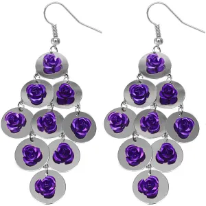 Purple Flat Disc Floral Dangle Earrings