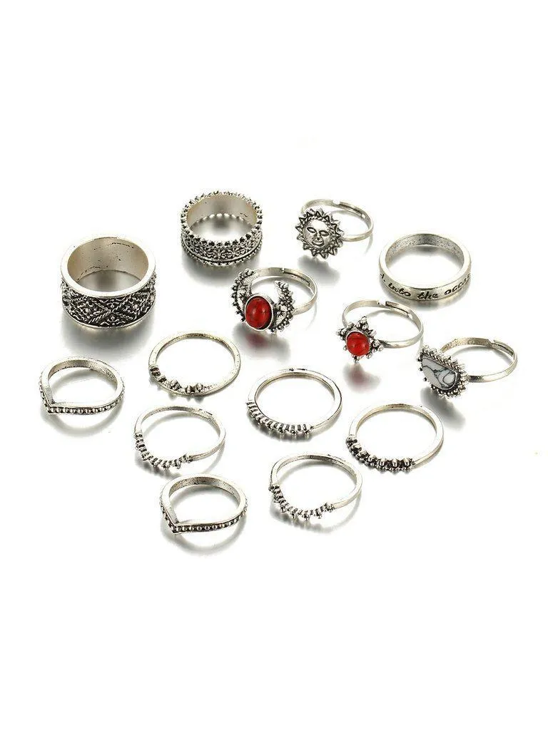 Red And White Turquoise Stone Vintage Rings Set