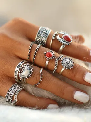 Red And White Turquoise Stone Vintage Rings Set