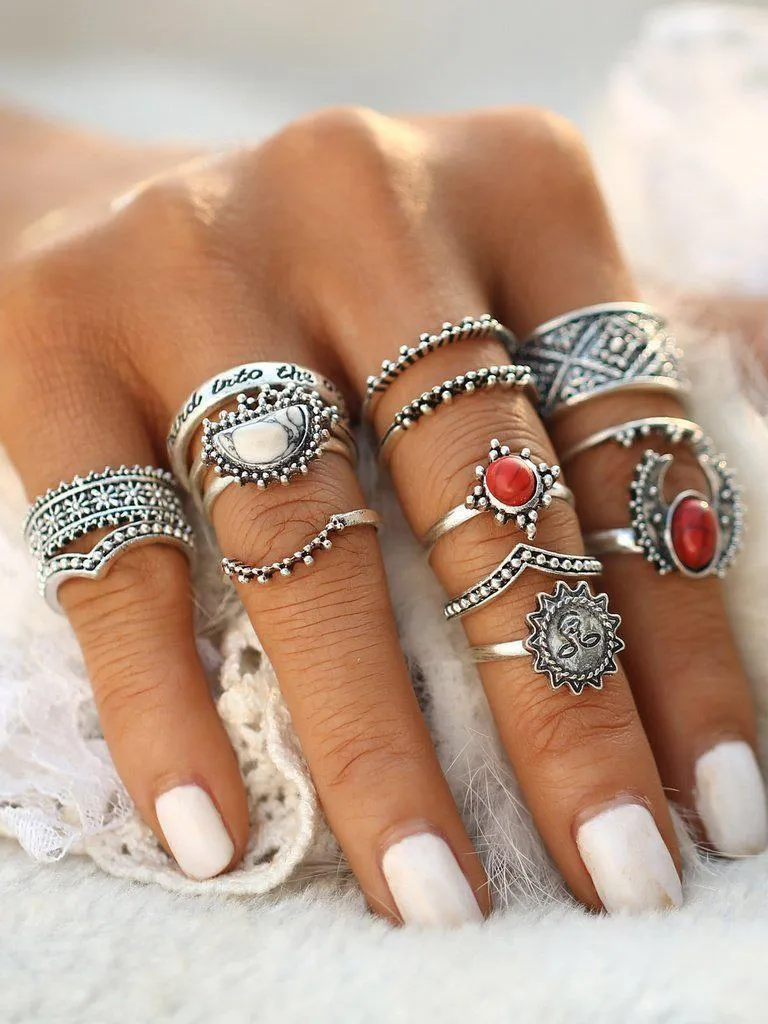 Red And White Turquoise Stone Vintage Rings Set