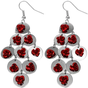 Red Flat Disc Floral Dangle Earrings