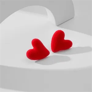 Red Nylon & Silver-Plated Irregular Heart Stud Earrings