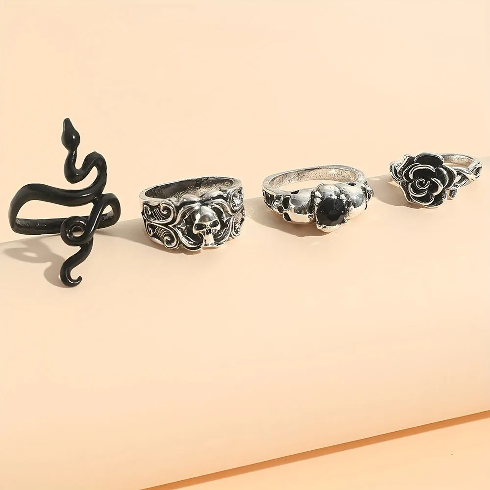 Retro Dark Snake Skull Gem Rings Set for Men