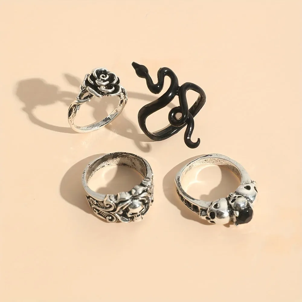 Retro Dark Snake Skull Gem Rings Set for Men
