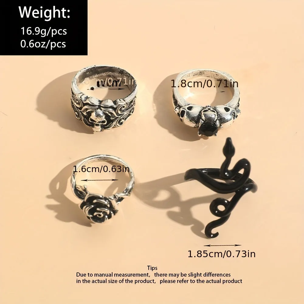Retro Dark Snake Skull Gem Rings Set for Men
