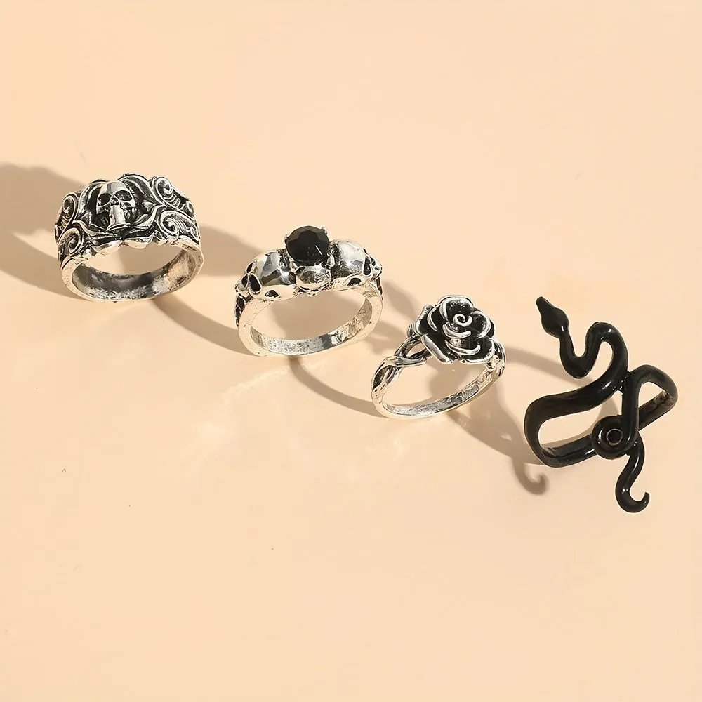Retro Dark Snake Skull Gem Rings Set for Men