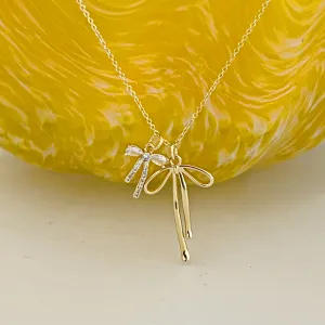 Ribbon Two Bow Charms Necklace - Gold