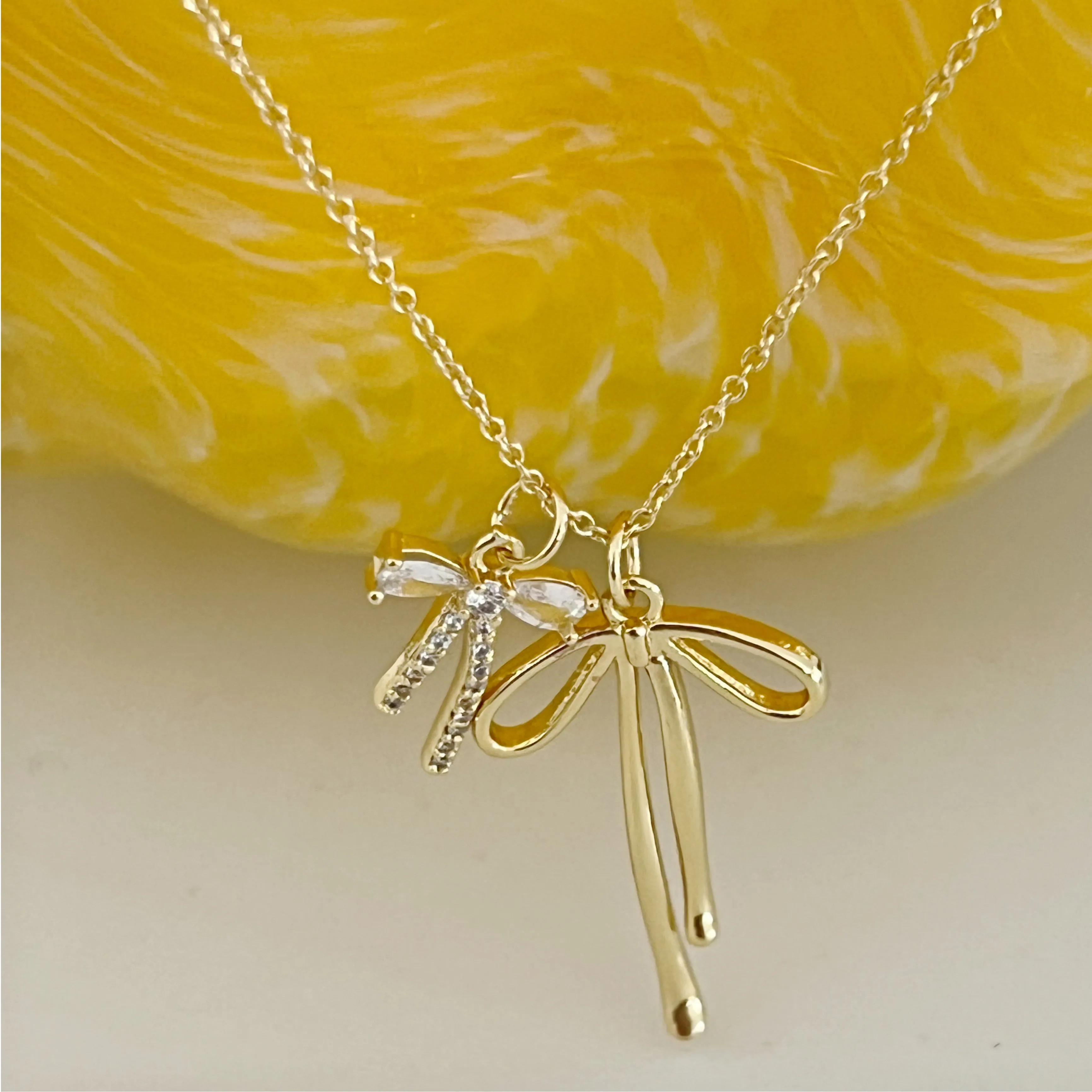 Ribbon Two Bow Charms Necklace - Gold
