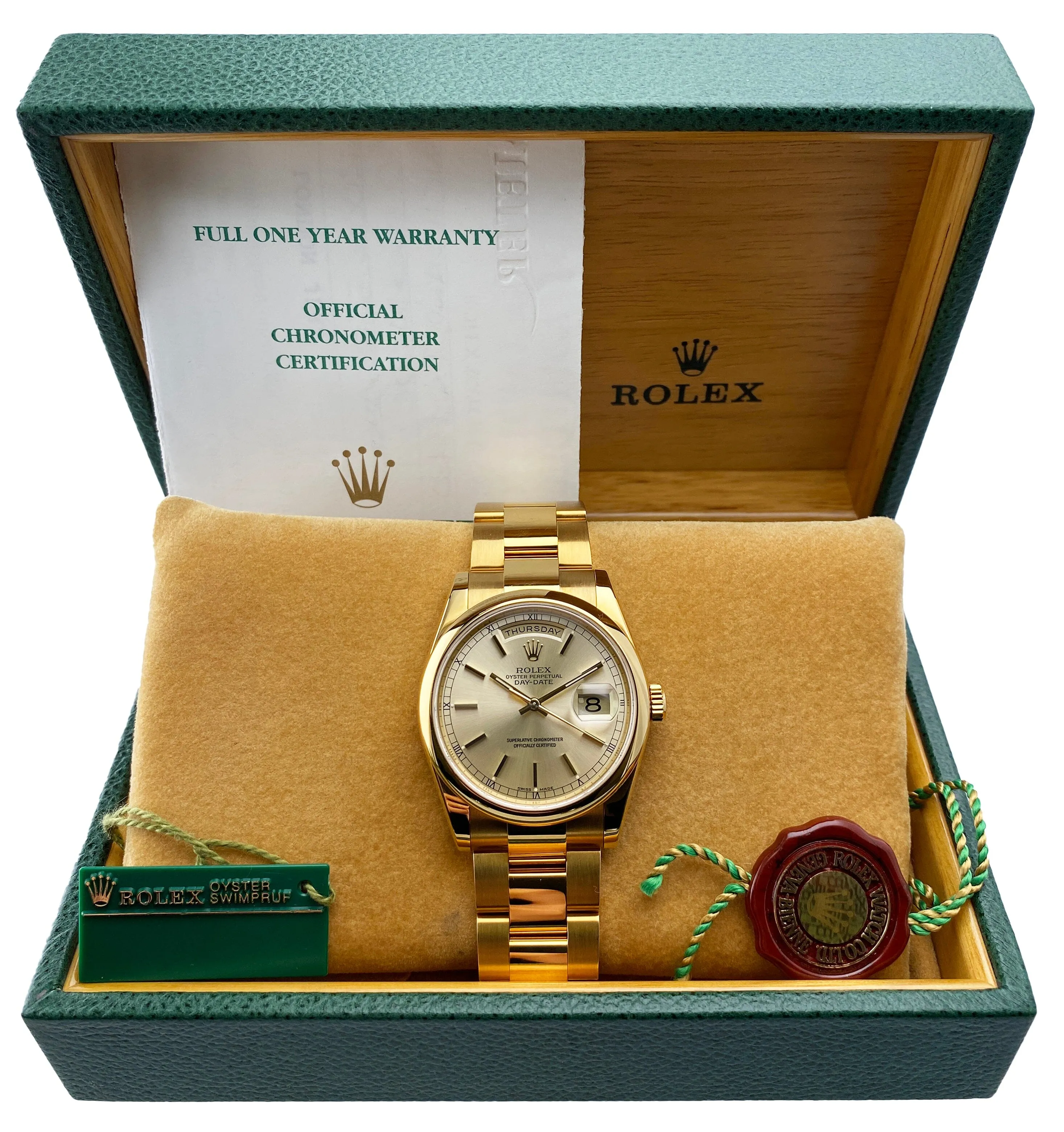 Rolex Day Date 118208 President 18K Yellow Gold Mens Watch Box Papers