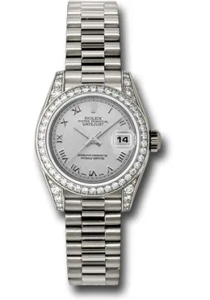 Rolex White Gold Lady-Datejust 26mm - 42 Diamond Bezel - Silver Roman Dial - President Bracelet - 179159 srp