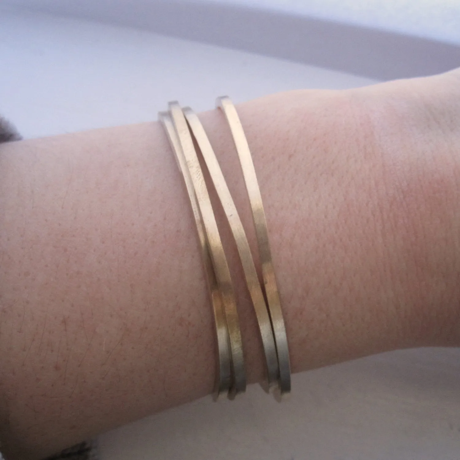 Set of 4 Brass Hand-Made Adjustable Square Cuff Bangle Bracelets With Rounded Ends - 0133