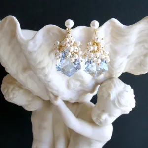 Shield Cut Sky Blue Topaz Seed Pearl Cluster Earrings - Diana III Earrings