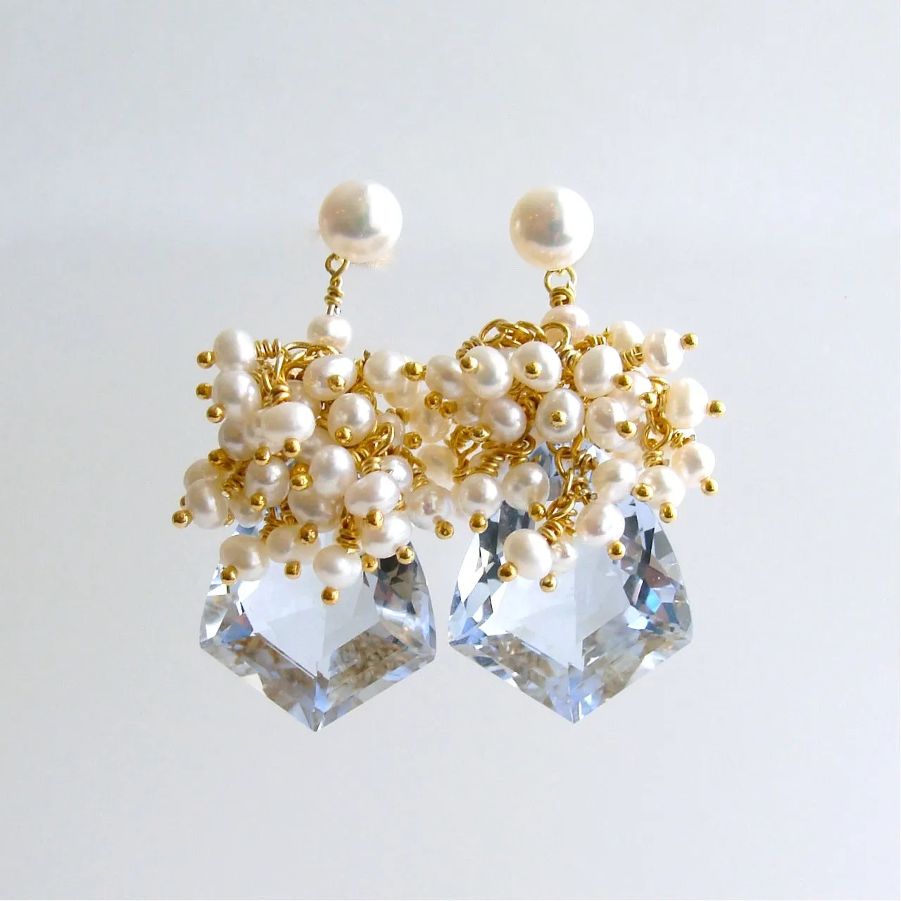 Shield Cut Sky Blue Topaz Seed Pearl Cluster Earrings - Diana III Earrings