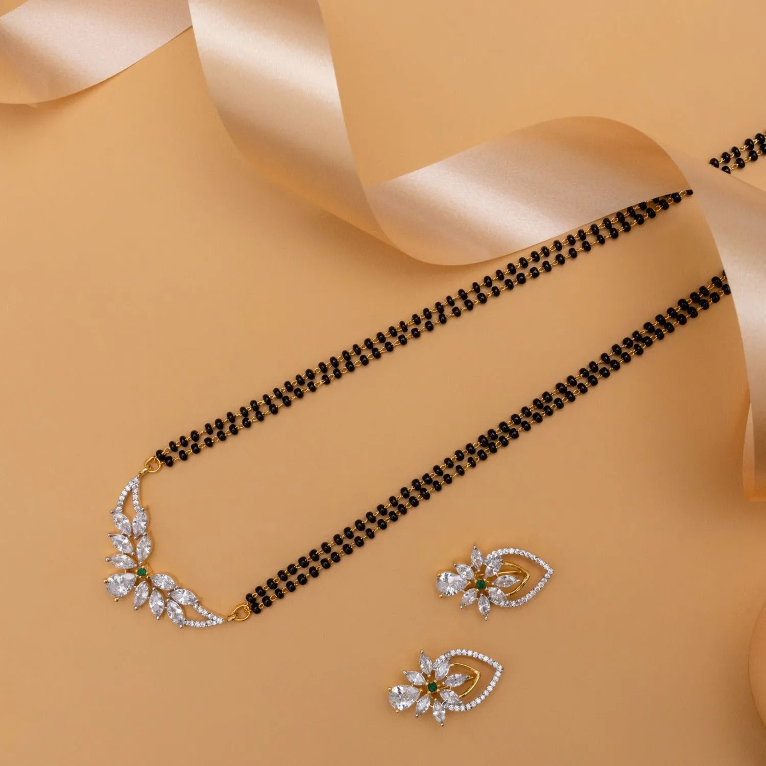 Shreeya CZ White Green Black Beads Necklace Set