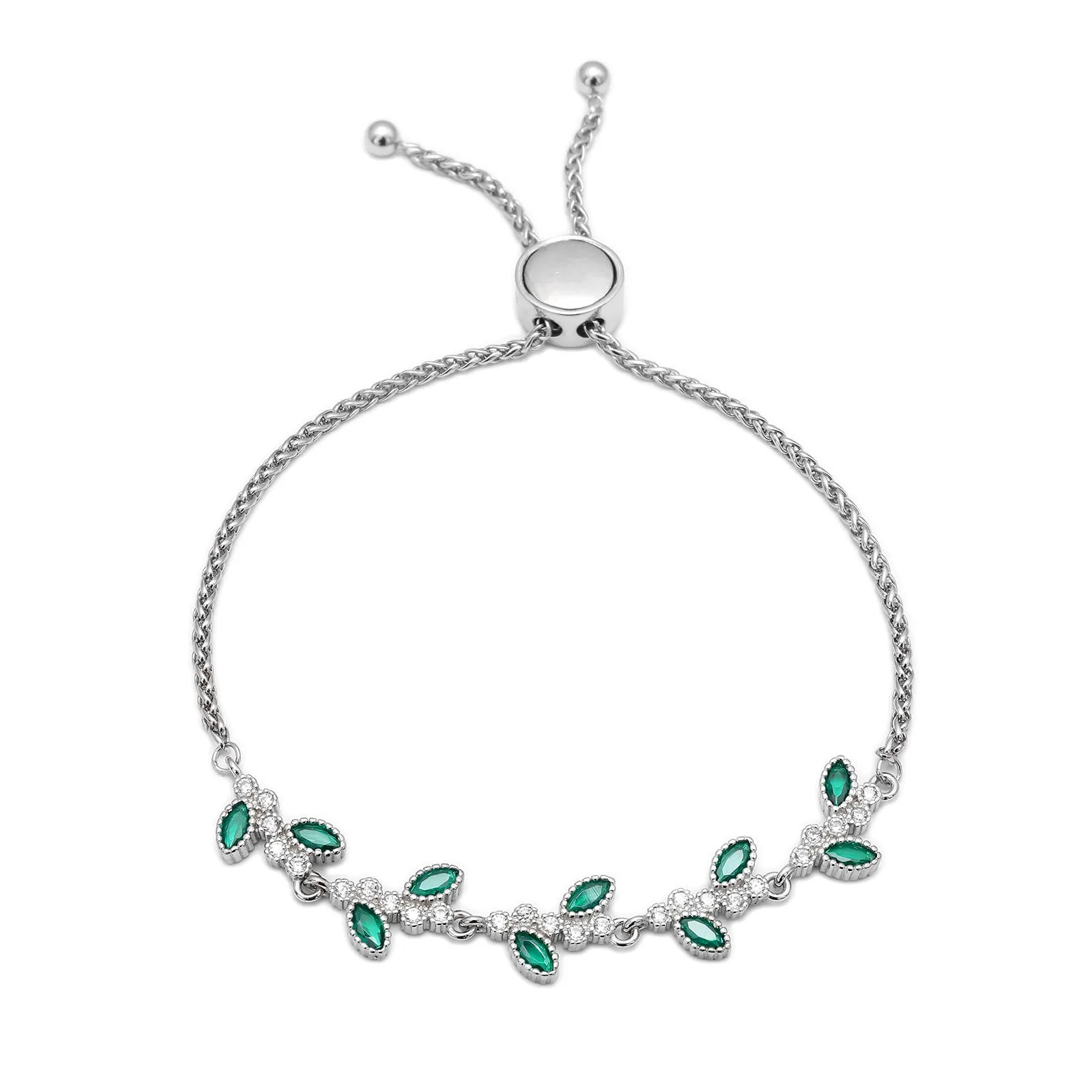 Silver Green Floral Leaf  925 Sterling Silver Bracelet